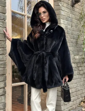Меховое пончо из скандинавской норки с капюшоном - черный изумруд