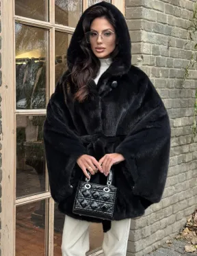 Меховое пончо из скандинавской норки с капюшоном - черный изумруд