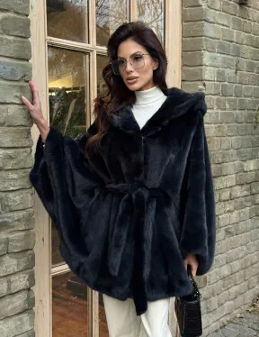 Меховое пончо из скандинавской норки с капюшоном - черный изумруд