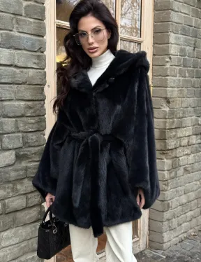 Меховое пончо из скандинавской норки с капюшоном - черный изумруд