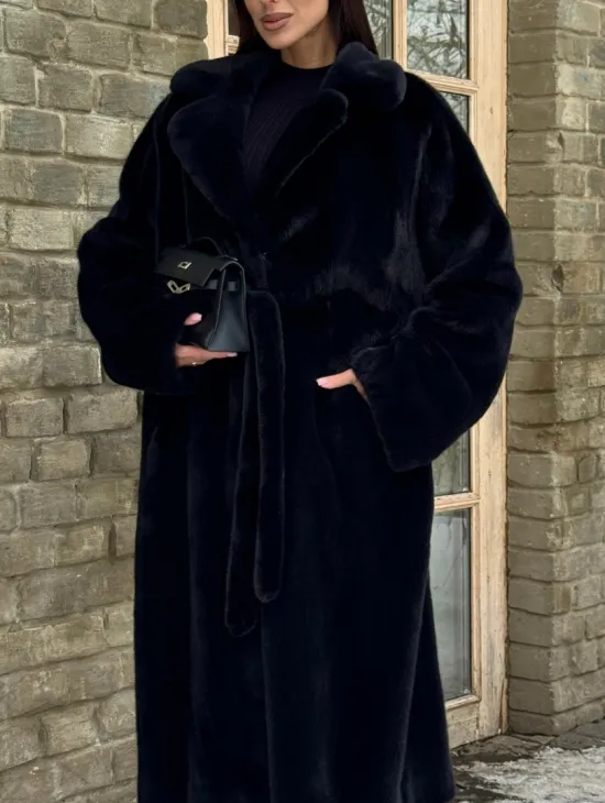 Шикарное норковое кимоно с английским воротником в темно-синем цвете