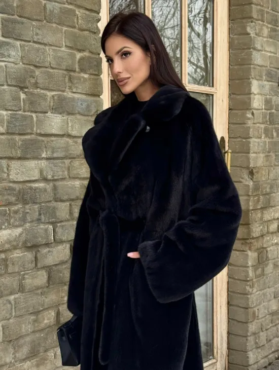 Шикарное норковое кимоно с английским воротником в темно-синем цвете