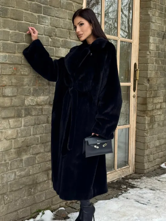 Шикарное норковое кимоно с английским воротником в темно-синем цвете