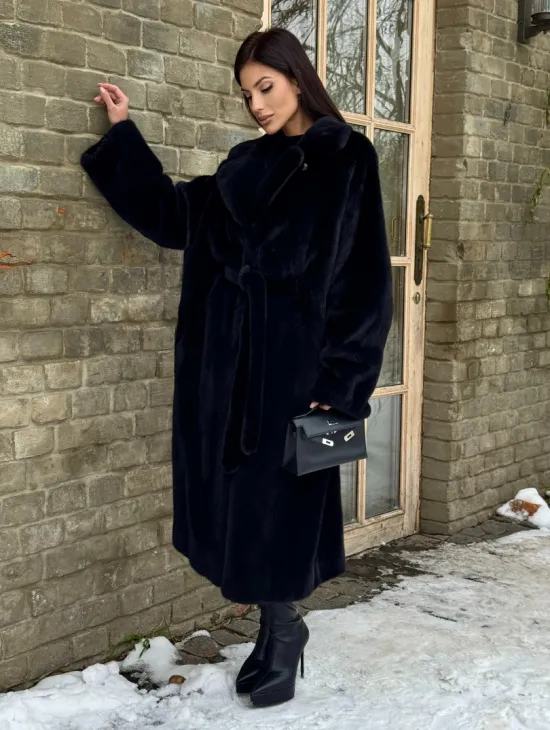 Шикарное норковое кимоно с английским воротником в темно-синем цвете