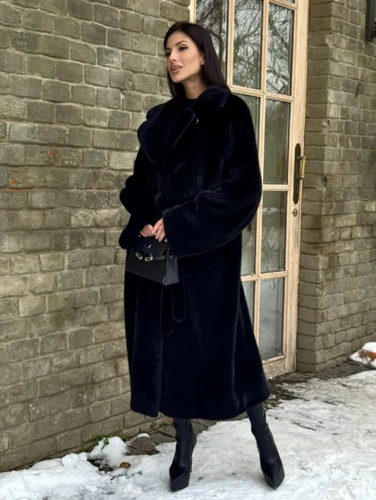 Шикарное норковое кимоно с английским воротником в темно-синем цвете