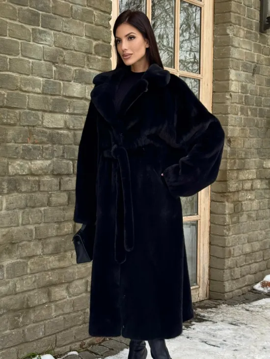 Шикарное норковое кимоно с английским воротником в темно-синем цвете