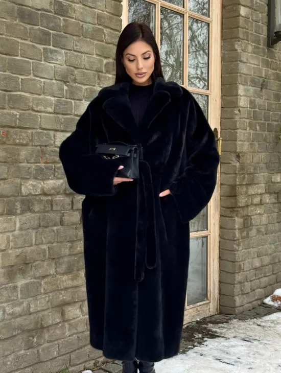 Шикарное норковое кимоно с английским воротником в темно-синем цвете