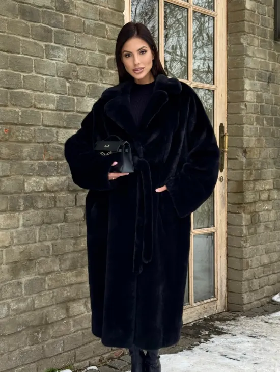 Шикарное норковое кимоно с английским воротником в темно-синем цвете