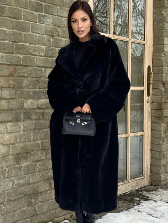 Шикарное норковое кимоно с английским воротником в темно-синем цвете