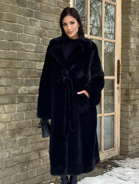 Шикарное норковое кимоно с английским воротником в темно-синем цвете