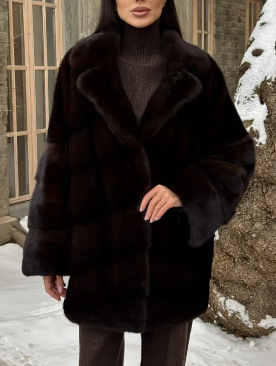Норковое полупальто автоледи с английским воротником цвет Dark brown