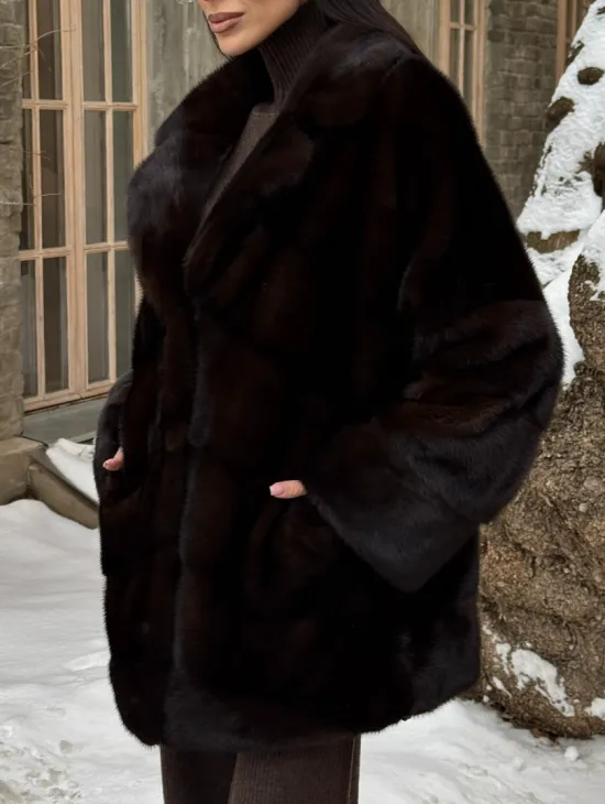 Норковое полупальто автоледи с английским воротником цвет Dark brown