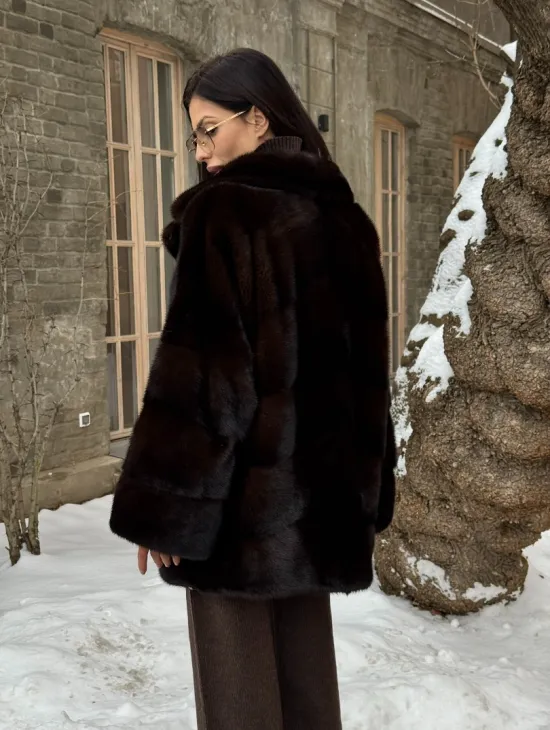 Норковое полупальто автоледи с английским воротником цвет Dark brown