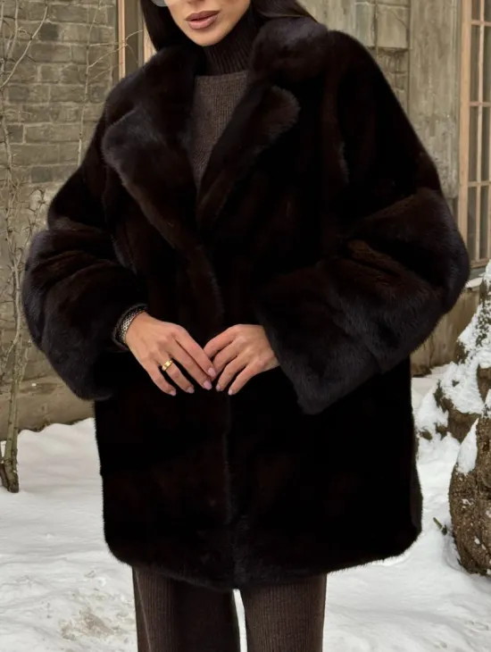Норковое полупальто автоледи с английским воротником цвет Dark brown