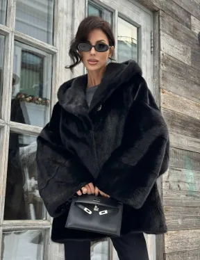 Черная зимняя шуба из меха норки Nafa mink с капюшоном - автоледи