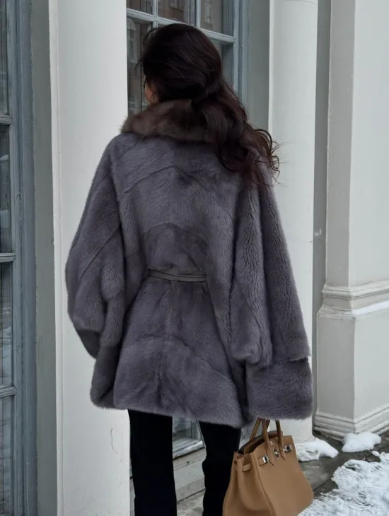 Полушубок летучая мышь из норки с воротником из куницы - цвет графит