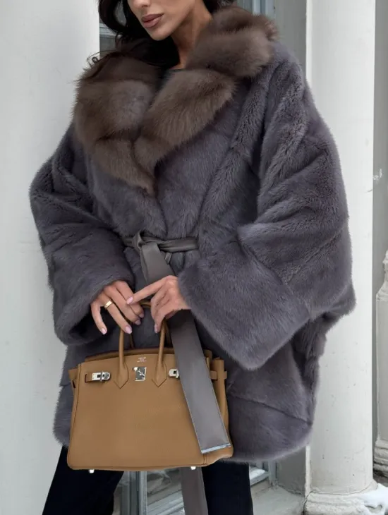 Полушубок летучая мышь из норки с воротником из куницы - цвет графит