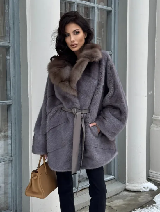 Полушубок летучая мышь из норки с воротником из куницы - цвет графит