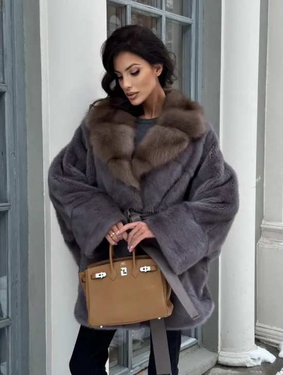 Полушубок летучая мышь из норки с воротником из куницы - цвет графит