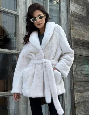 Светлый меховой жакет из норки с воротником шаль и меховым поясом - luxury fur