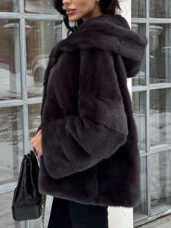 Меховой полушубок автоледи с капюшоном из меха норки графит