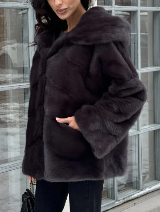 Меховой полушубок автоледи с капюшоном из меха норки графит