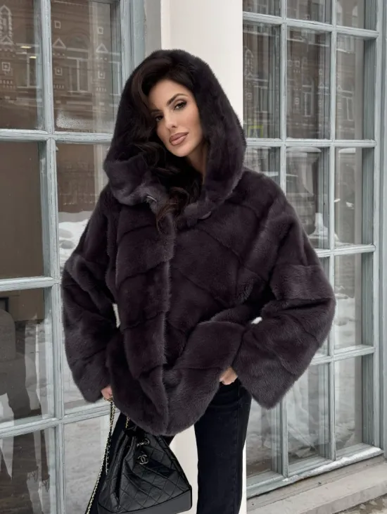 Меховой полушубок автоледи с капюшоном из меха норки графит