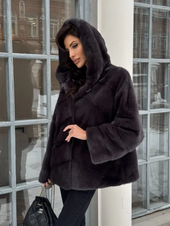 Меховой полушубок автоледи с капюшоном из меха норки графит