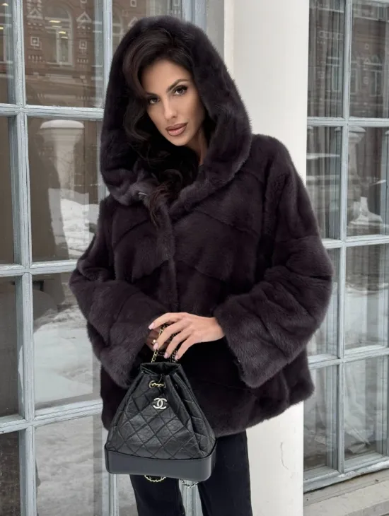 Меховой полушубок автоледи с капюшоном из меха норки графит