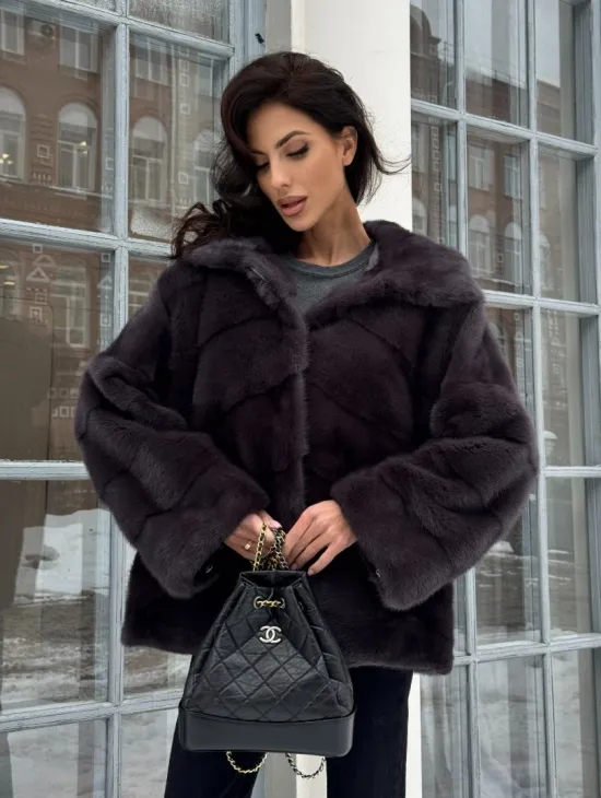 Меховой полушубок автоледи с капюшоном из меха норки графит