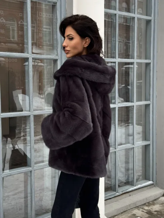 Меховой полушубок автоледи с капюшоном из меха норки графит