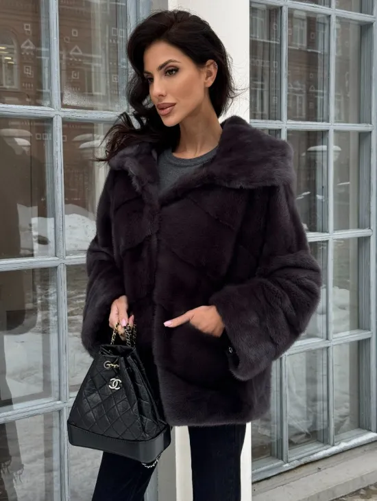 Меховой полушубок автоледи с капюшоном из меха норки графит