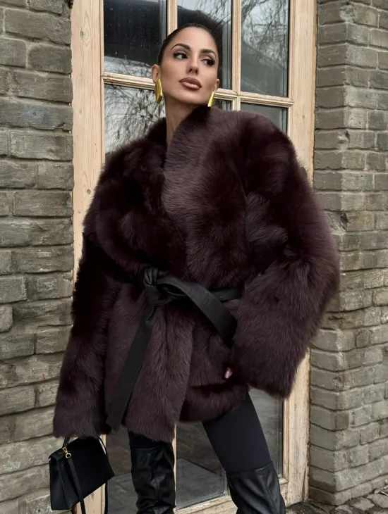 Двухсторонняя женская дубленка из итальянской тосканы Burgundy