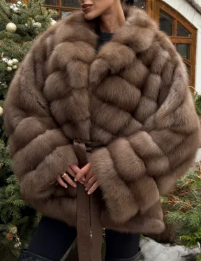 Полушубок оверсайз из меха куницы с английским воротником