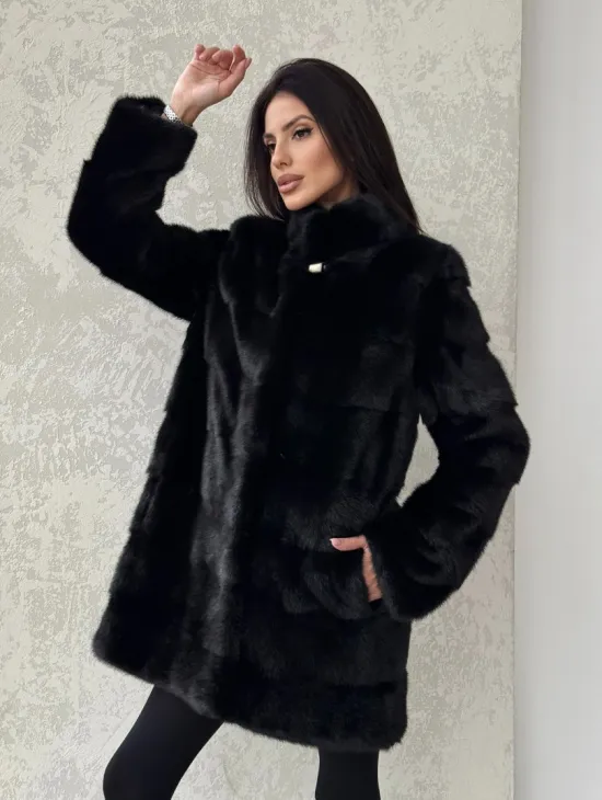 Норковая шуба средней длины стойка воротник - цвет черный