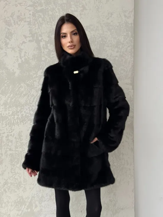 Норковая шуба средней длины стойка воротник - цвет черный