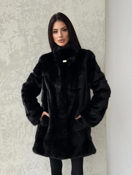 Норковая шуба средней длины стойка воротник - цвет черный