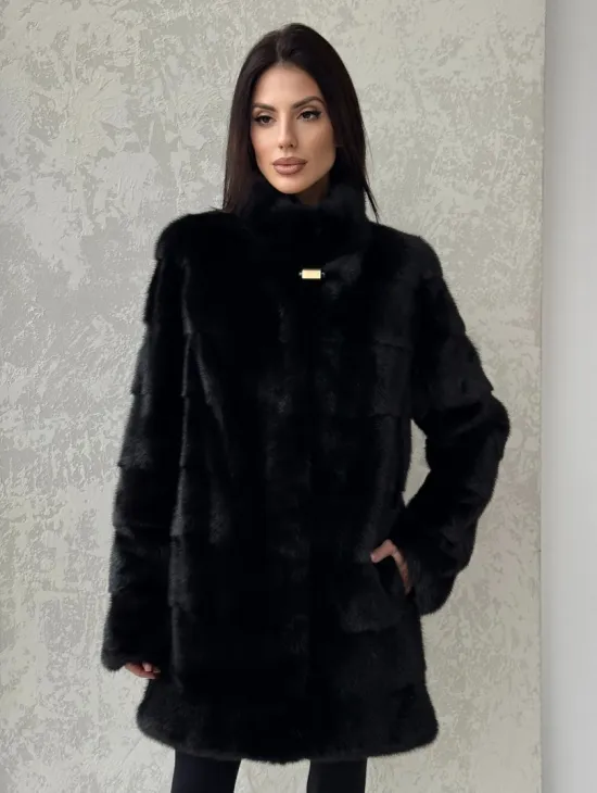 Норковая шуба средней длины стойка воротник - цвет черный