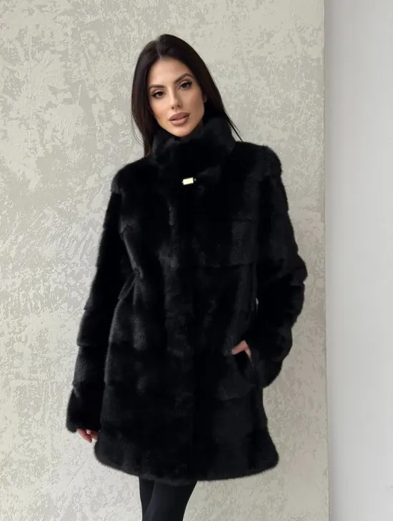 Норковая шуба средней длины стойка воротник - цвет черный
