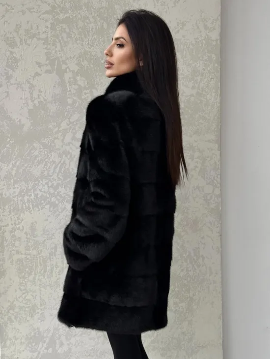 Норковая шуба средней длины стойка воротник - цвет черный