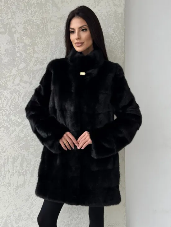 Норковая шуба средней длины стойка воротник - цвет черный