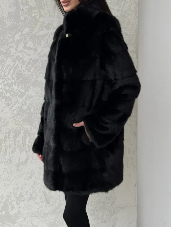 Норковая шуба средней длины стойка воротник - цвет черный
