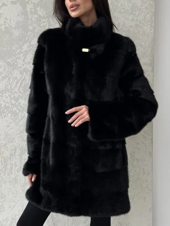 Норковая шуба средней длины стойка воротник - цвет черный
