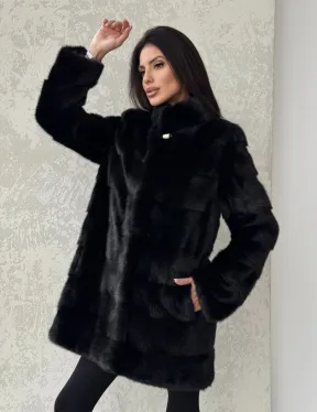 Норковая шуба средней длины стойка воротник - цвет черный