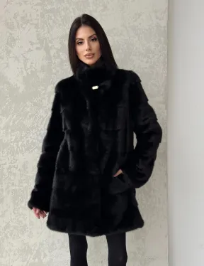 Норковая шуба средней длины стойка воротник - цвет черный