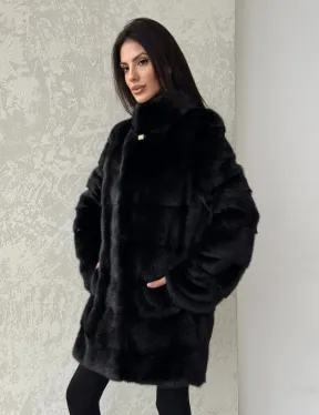 Норковая шуба средней длины стойка воротник - цвет черный