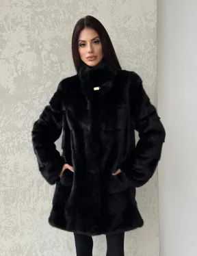 Норковая шуба средней длины стойка воротник - цвет черный