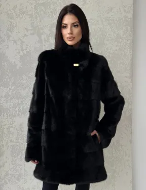 Норковая шуба средней длины стойка воротник - цвет черный