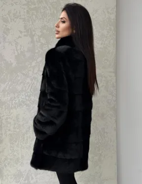 Норковая шуба средней длины стойка воротник - цвет черный