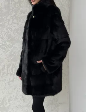 Норковая шуба средней длины стойка воротник - цвет черный